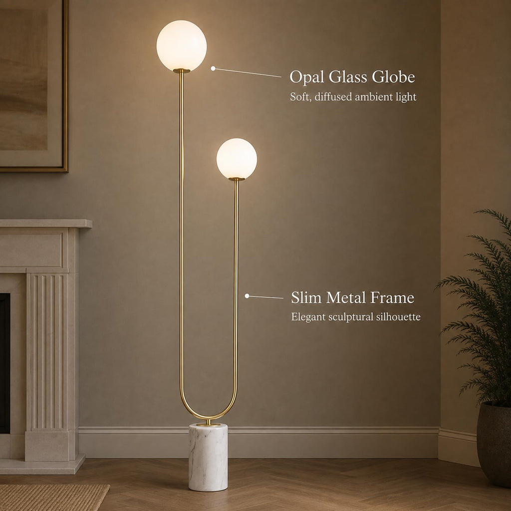 Mid-Century Modern U-Shaped Floor Lamp with Frosted Glass Shades