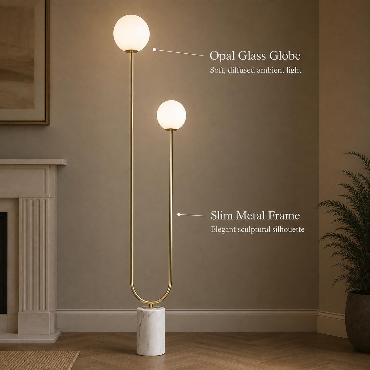 Mid-Century Modern U-Shaped Floor Lamp with Frosted Glass Shades