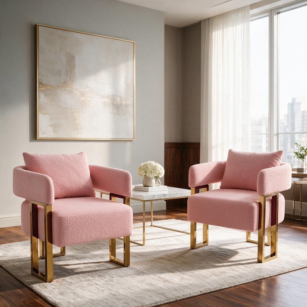 Upholstered Barrel Accent Chairs with Gold Legs – Set of 2