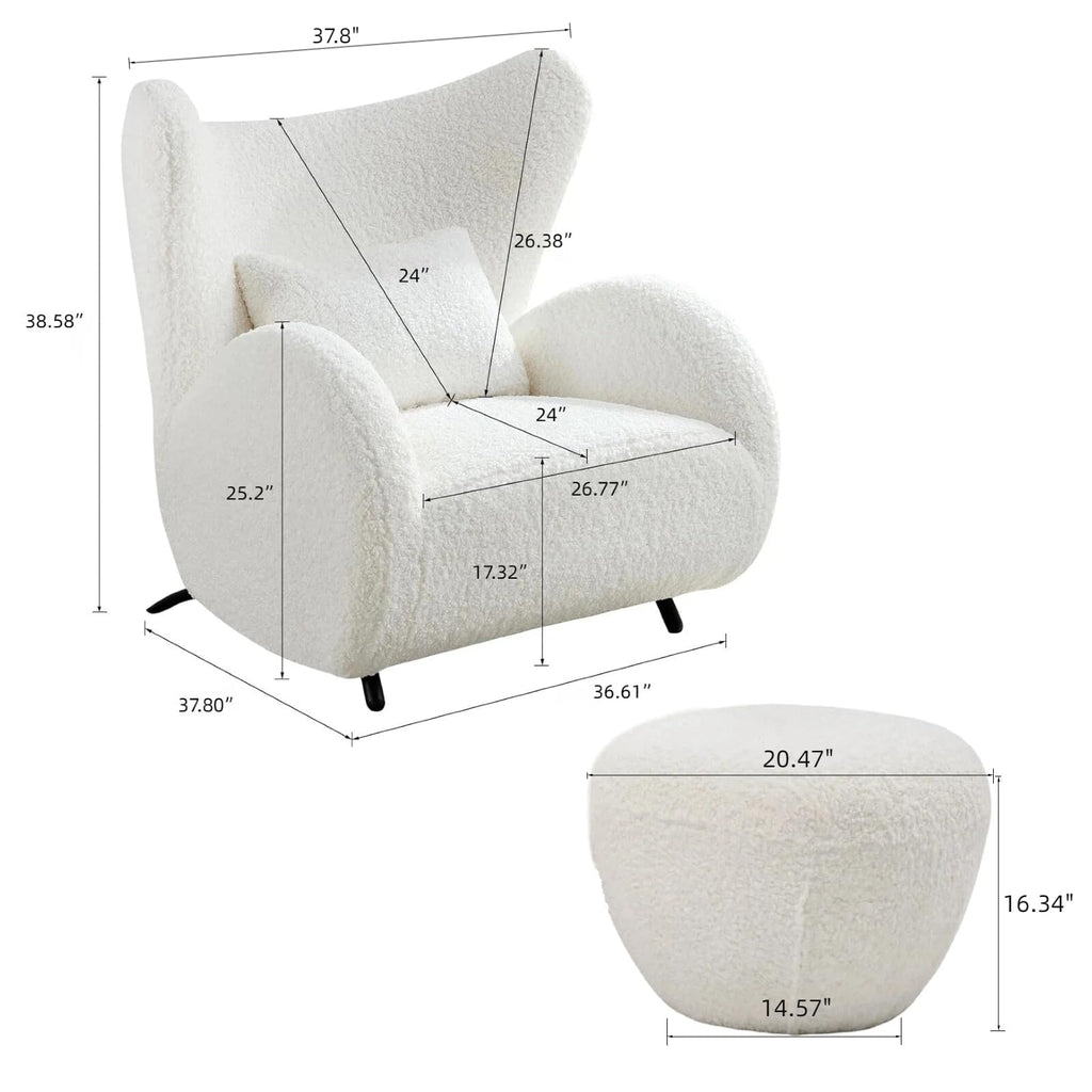 Oversized Boucle Accent Chair, Cream White Sherpa Wingback Chair