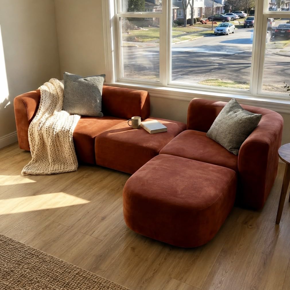 Acanva Mellow Modern Tight Curved Back Velvet Sofa, 4 Seater Modular