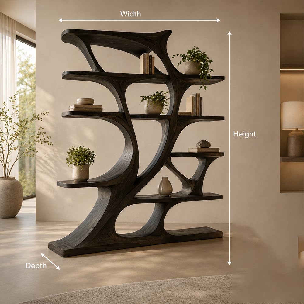 Artistic Wooden Bookshelf, Solid Wood Curved Bookcase with Open Shelves, Freestanding Display Storage for Living Room (Option 2)
