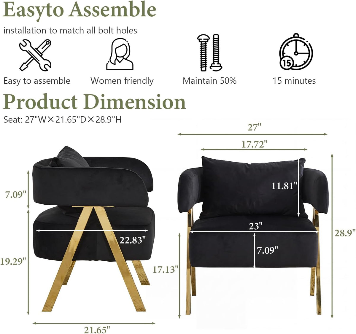 Modern Black Gold Velvet Accent Chairs Set 2, Barrel Armchairs Living Room