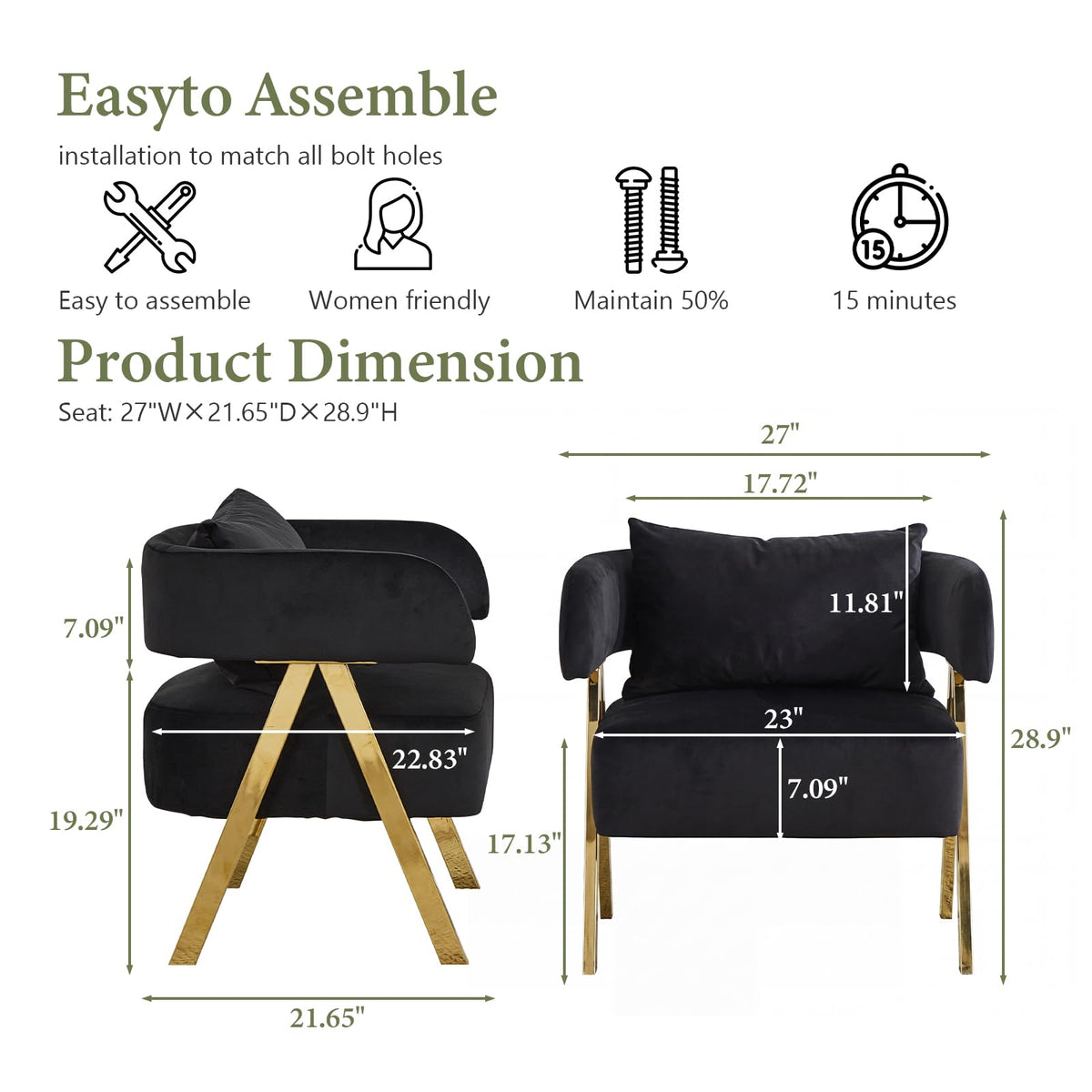 Modern Black Gold Velvet Accent Chairs Set 2, Barrel Armchairs Living Room