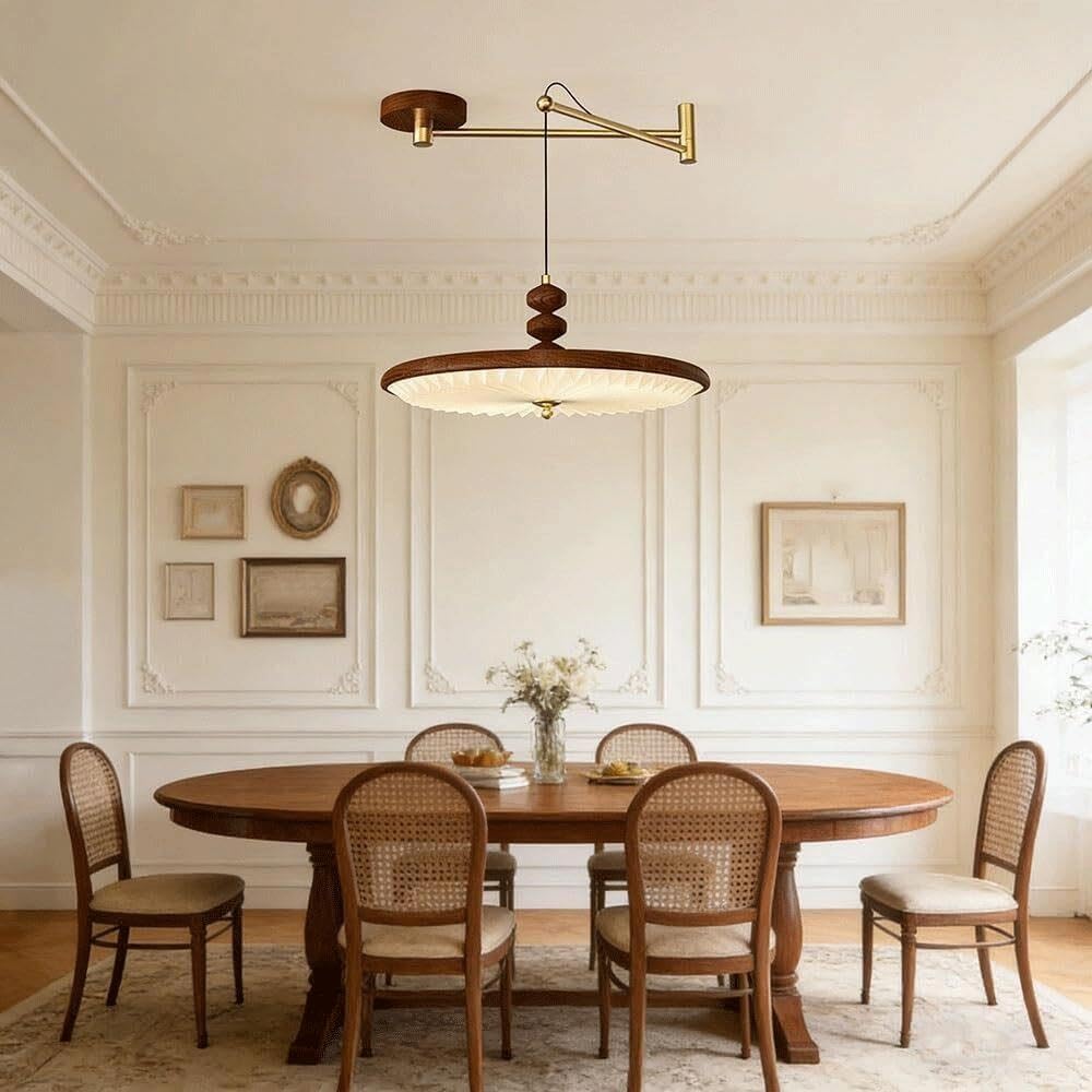 Swing Arm Pendant Light, Walnut Wood Finish Iron Hanging Lamp