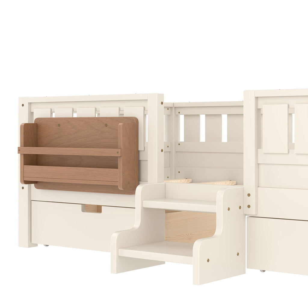 Montessori Bed with Stairs, Bookshelf & Storage Drawers