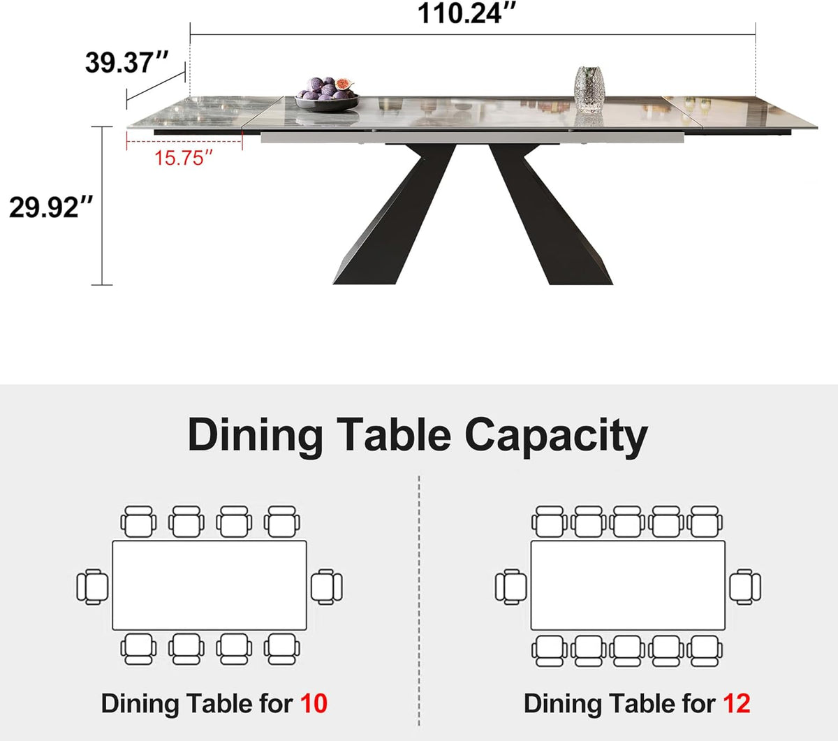 9 Piece Marble Expandable Table Set with 8 Comfy Dining Chairs