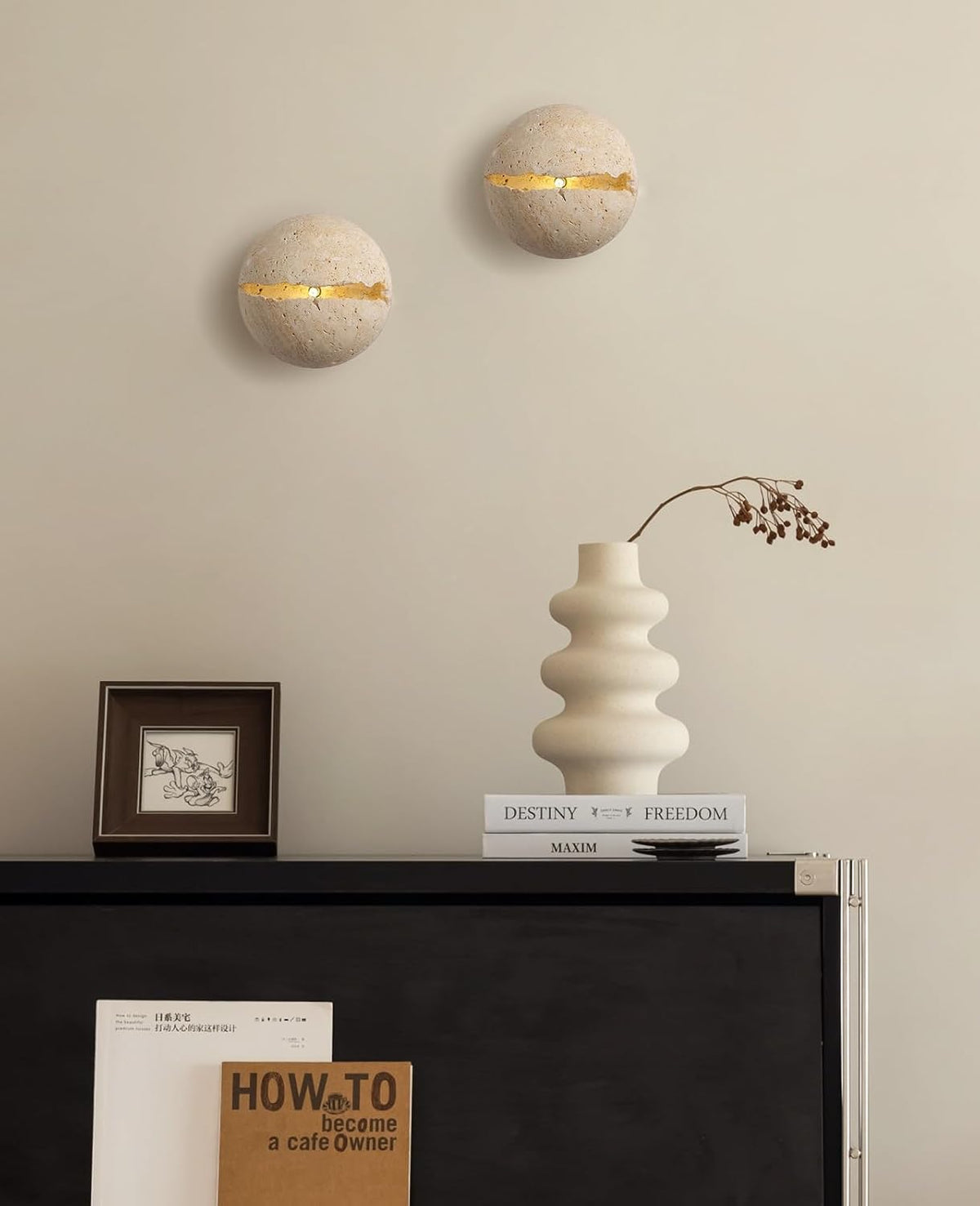 Natural Round Travertine Wall Sconce, 7.1" Wabi Sabi Light Fixture