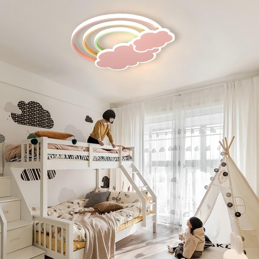 LED Pink Ceiling Light Modern Cartoon Children's Room Dimmable Ceiling Light with Remote Control Nordic Children's Room Blue Cloud Rainbow Night Light for Bedroom Baby Room Boys Girls Room