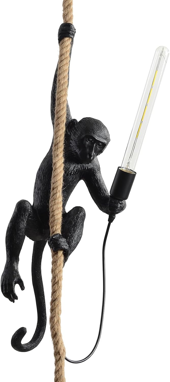 Modern Resin Monkey Wall Lamp & Pendant Light - Hemp Rope Vintage Lamp for Home Decor - Dining, Living Room, Bedroom, Entryway (Black)