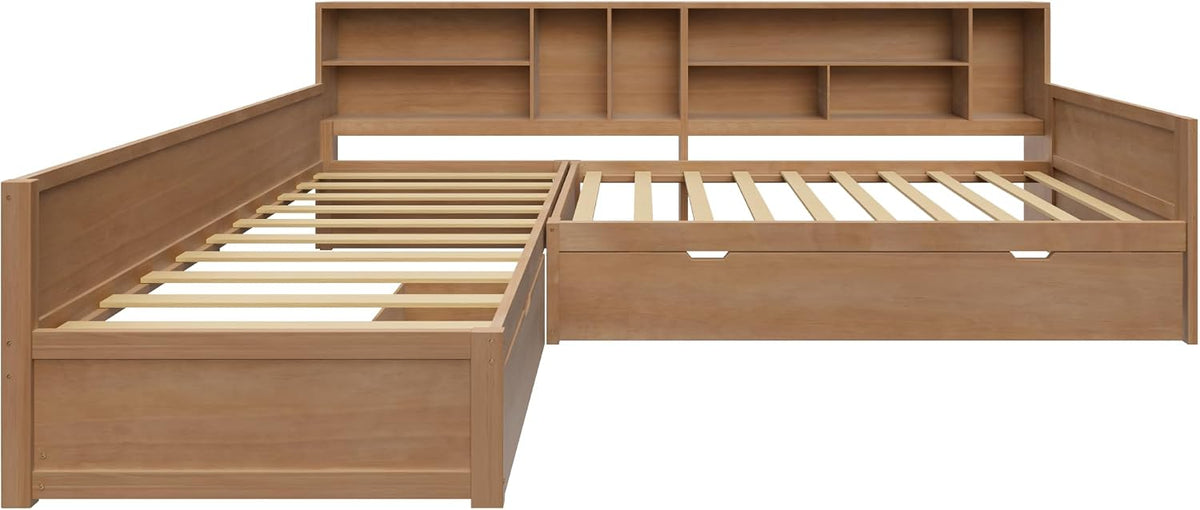 Merax Twin Wooden L-Shaped Daybed with Trundle and Storage Drawer, Seadrift