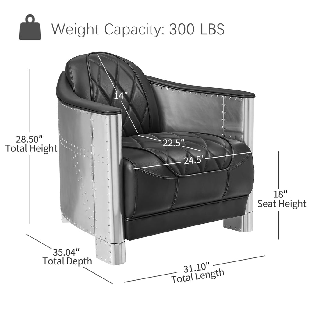 Volans Mid Century Modern Genuine Leather Accent Arm Chair with Vintage Aluminum