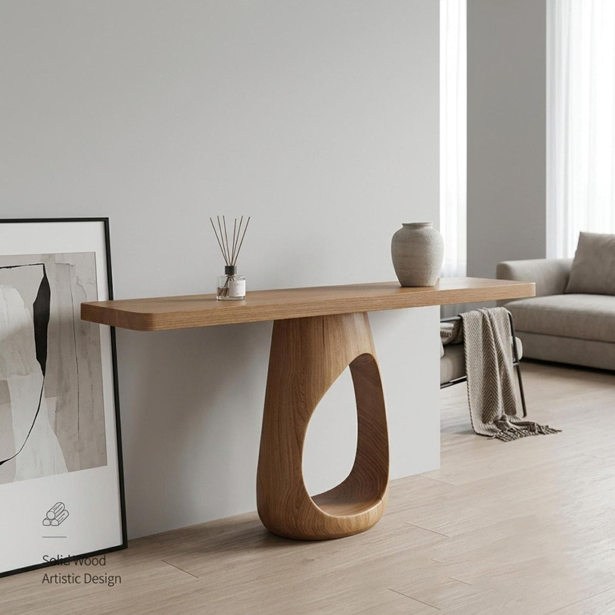 Slim Sculptural Wood Console Table