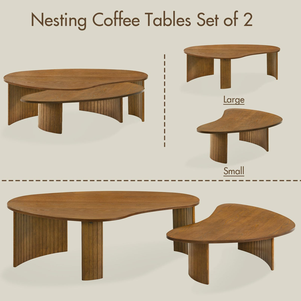 Irregular Nesting Coffee Table Set with Fluted Wood Legs