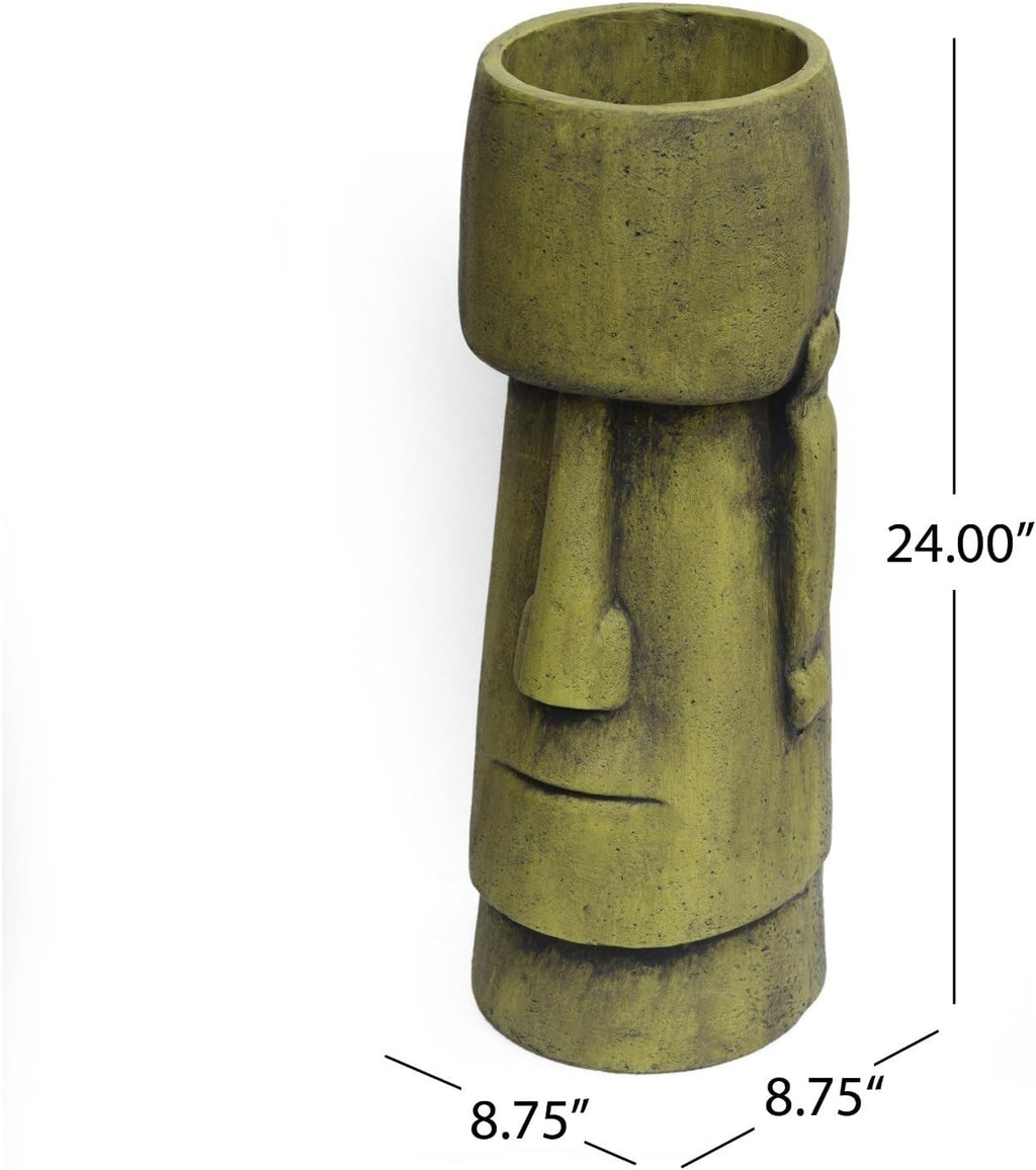 24 Inch Statue Planter, Antique Green Easter Island Head Urn with Weather-Resistant Magnesium Oxide, Decorative Face Planter for Indoor Outdoor Garden Patio Yard Decor