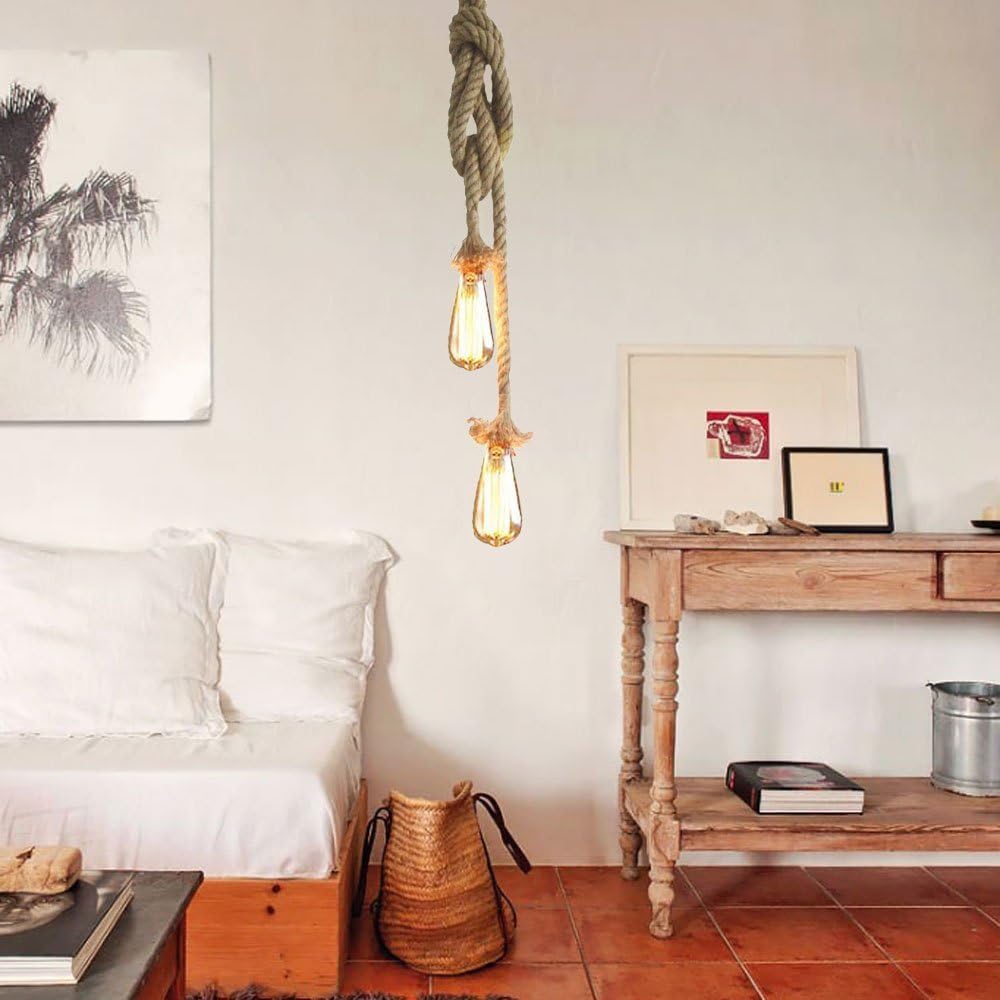 2 Heads Vintage(1.5+1.5 Meter) Hemp Rope Pendant Light Fixture E26/E27 Base