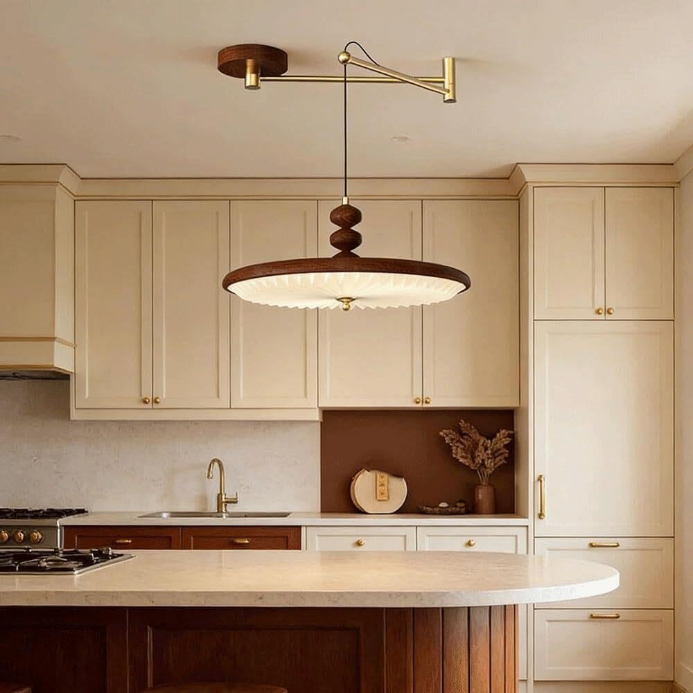Swing Arm Pendant Light, Walnut Wood Finish Iron Hanging Lamp
