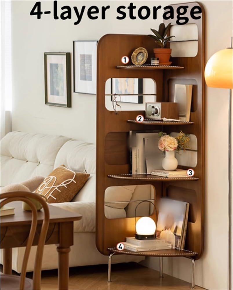 4-Tier Wood Corner Shelf, Corner Bookshelf with Display Rack, Open Book Case, Retro Storage Organizer Shelf for Living Room, Bedroom(Brown)