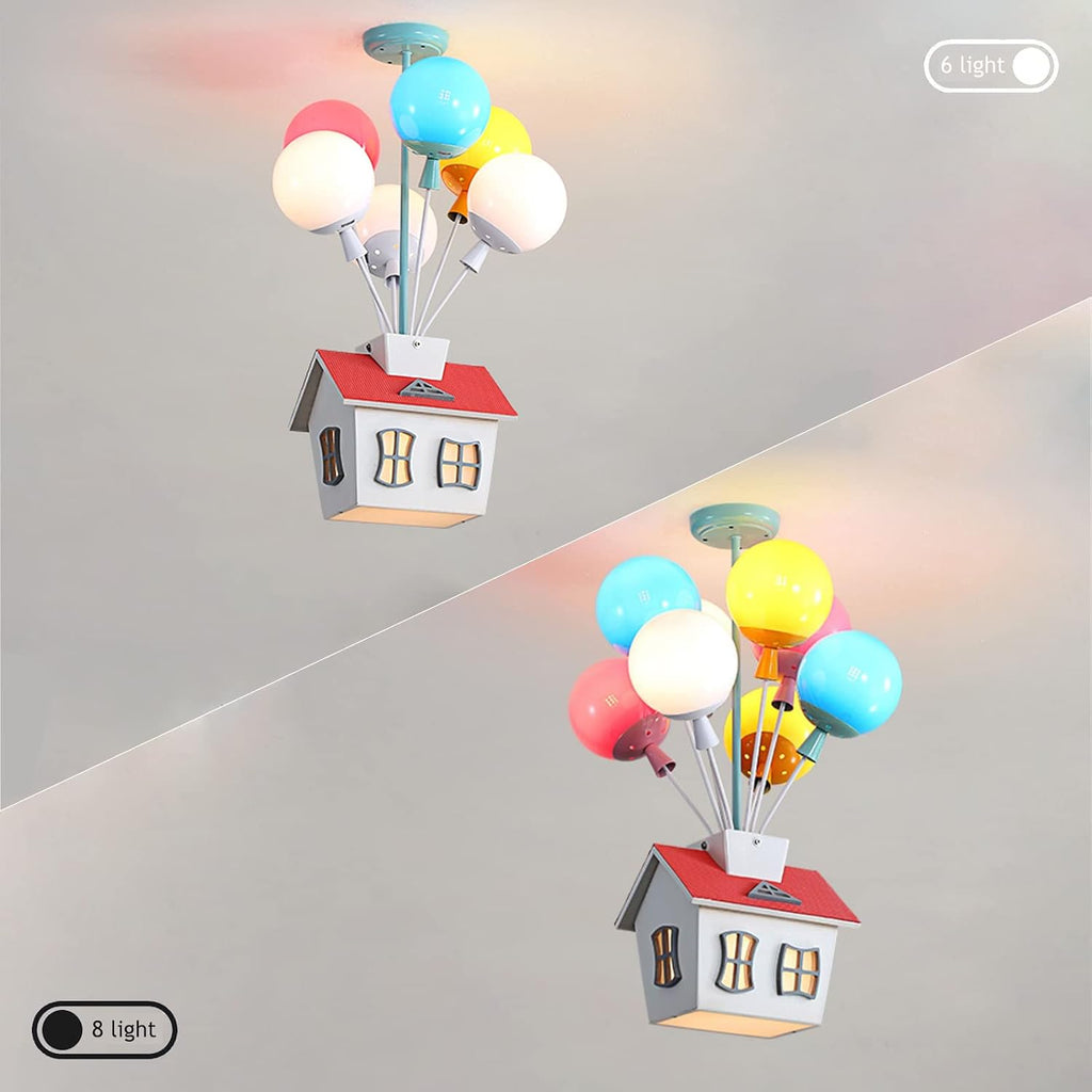 Kids House Shape Ceiling Light Colorful Balloon Wood Chandelier Cartoon House Shape with Acrylic lampshade Sputnik Ceiling Light for Girls Boys Kid's Bedroom (D16.5*H22.8IN (6 Light))