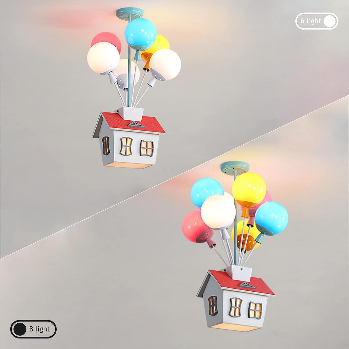 Kids House Shape Ceiling Light Colorful Balloon Wood Chandelier Cartoon House Shape with Acrylic lampshade Sputnik Ceiling Light for Girls Boys Kid's Bedroom (D16.5*H22.8IN (6 Light))
