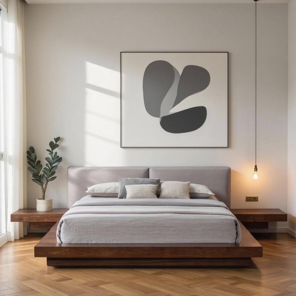 Acacia Wood Platform Bed with Floating Nightstands