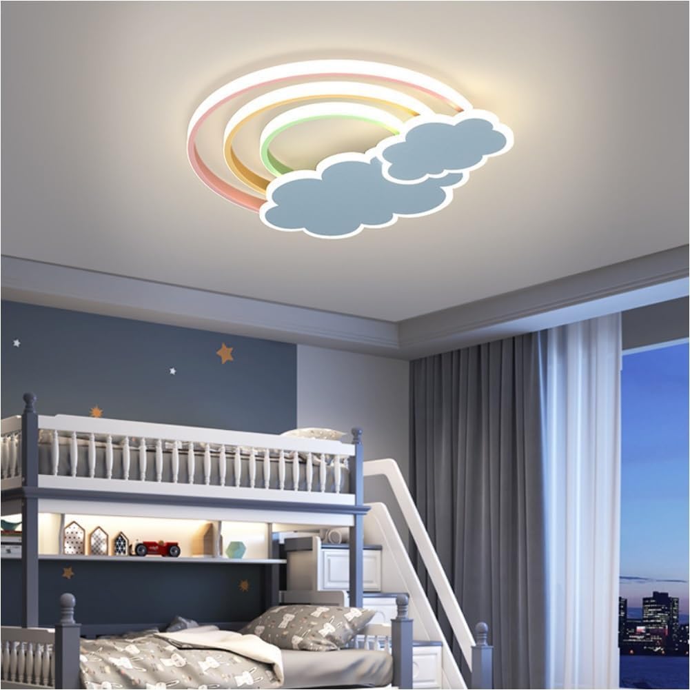 LED Pink Ceiling Light Modern Cartoon Children's Room Dimmable Ceiling Light with Remote Control Nordic Children's Room Blue Cloud Rainbow Night Light for Bedroom Baby Room Boys Girls Room