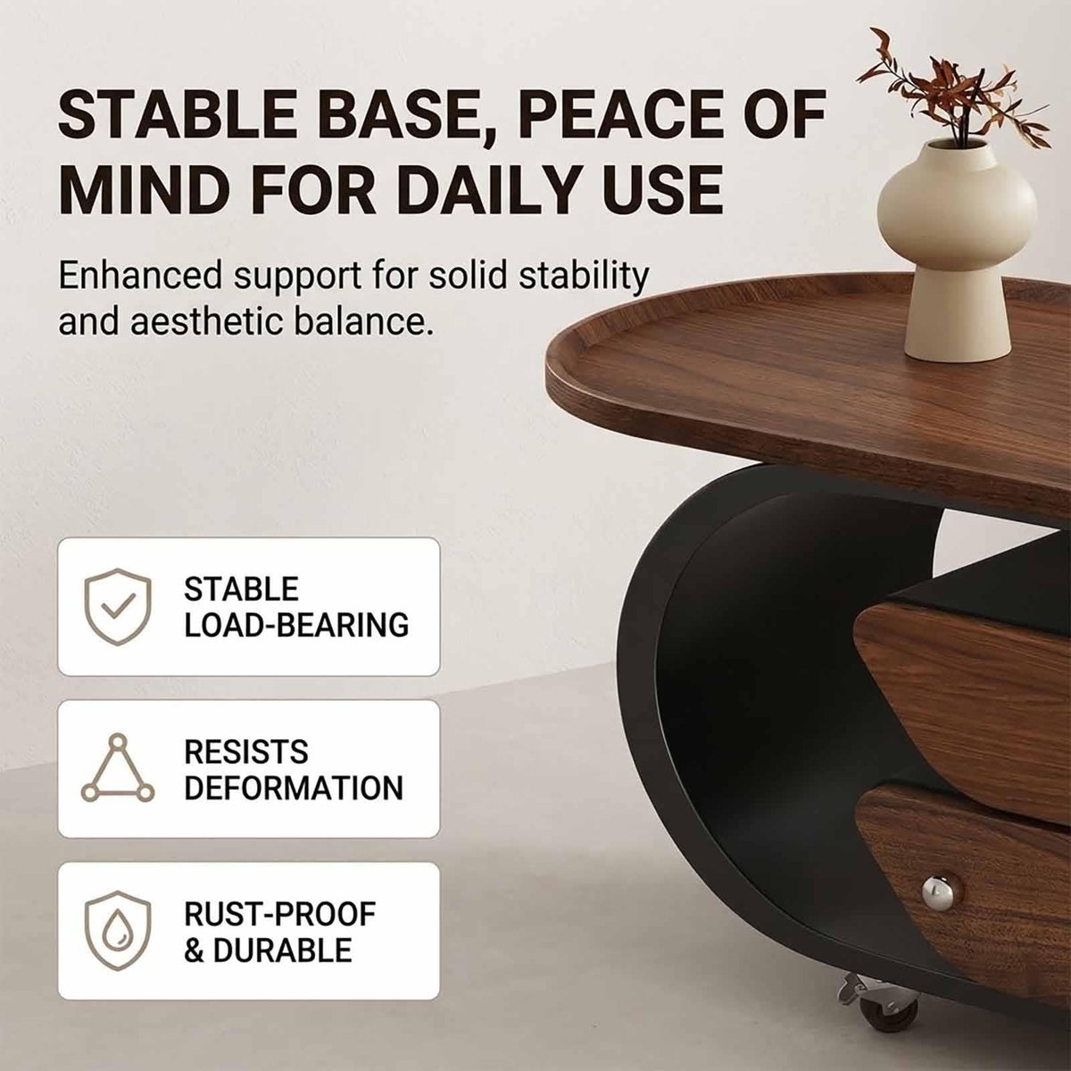 Rolling Wood-Top Storage Side Table
