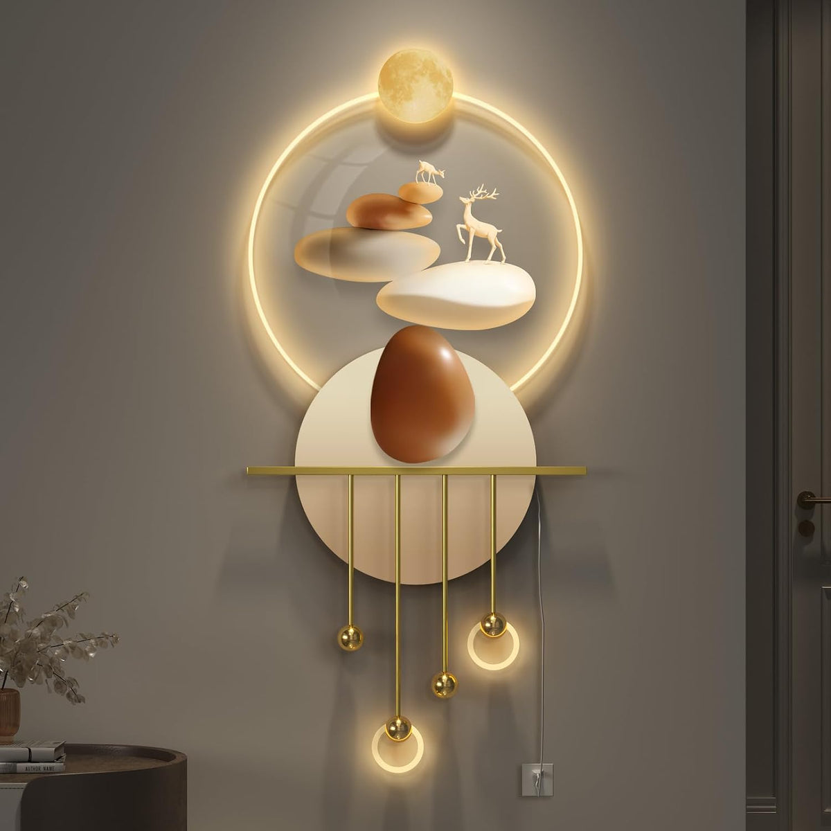 Vertical 3D LED Deer Wall Art with Gold Accents