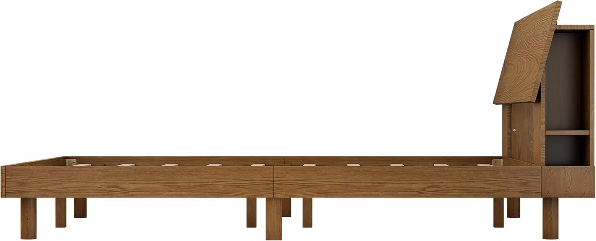 Walnut Queen Platform Bed with LED Bookshelf Headboard