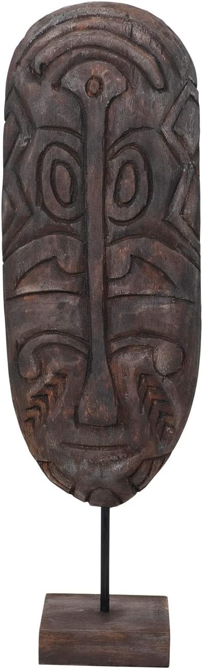 Hand-Carved Mango Wood Mask on Stand, Dark Finish