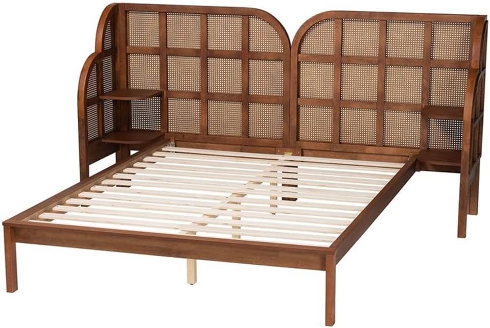 Mid-Century Queen Platform Bed with Rattan Shelf Headboard