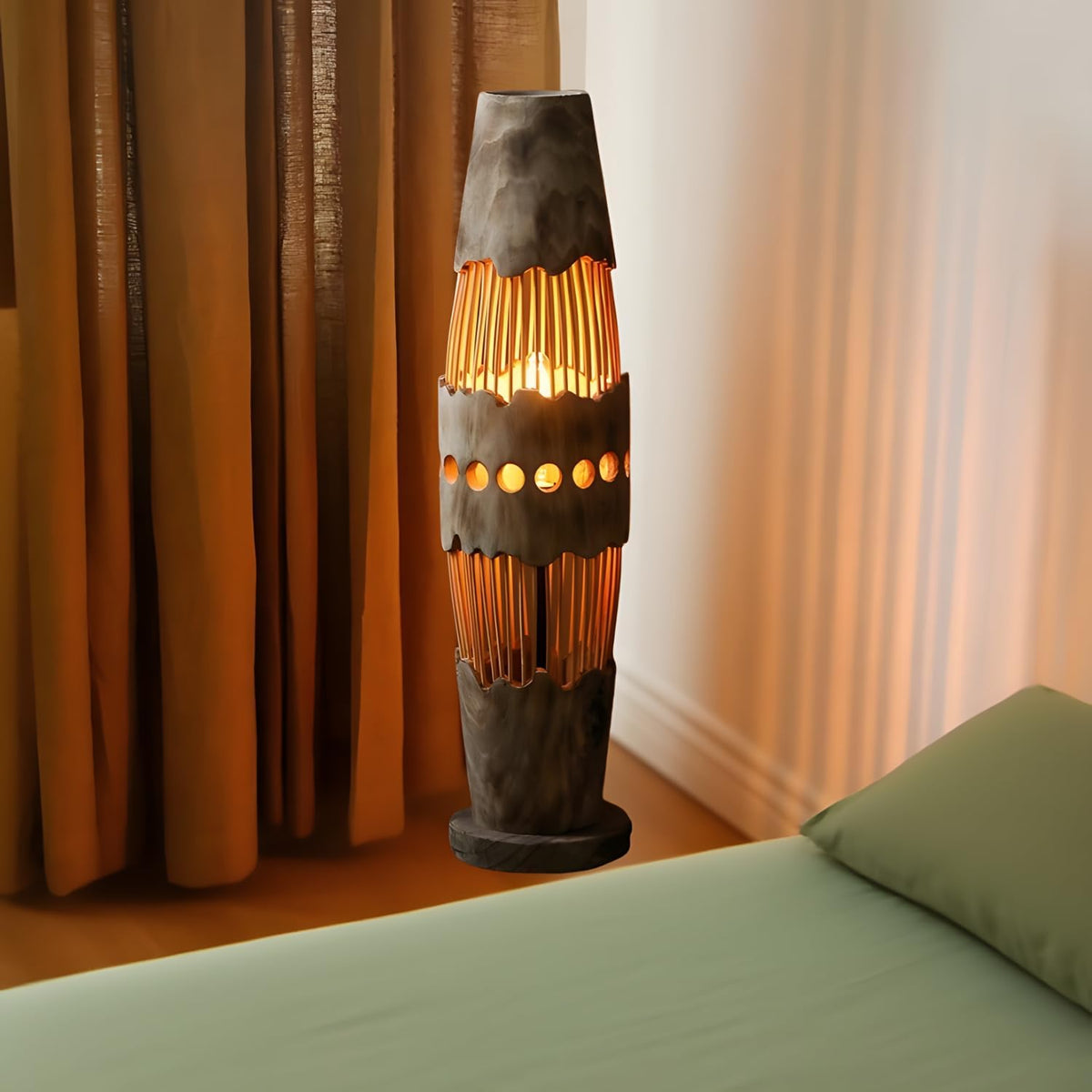 34.64" Mid Century Boho Farmhouse Wood Floor Lamp with Bamboo Shade