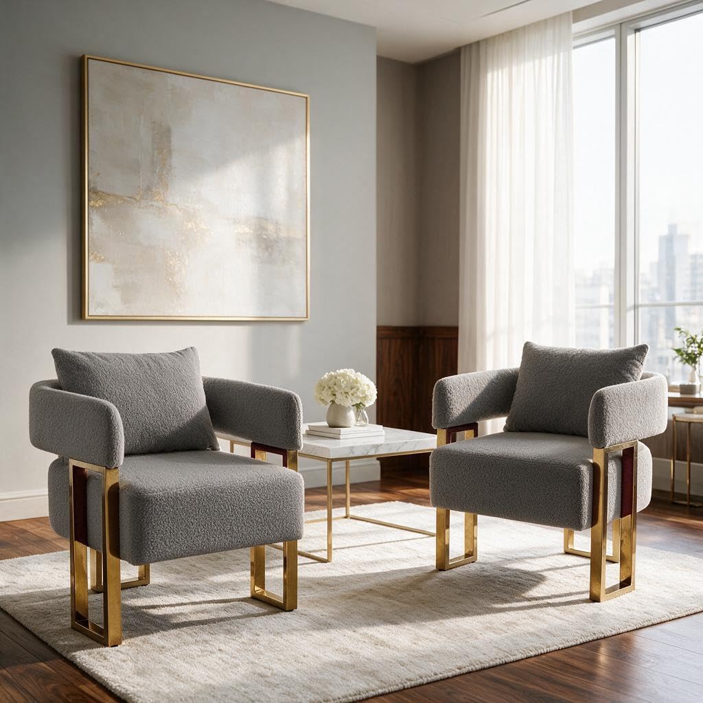 Upholstered Barrel Accent Chairs with Gold Legs – Set of 2
