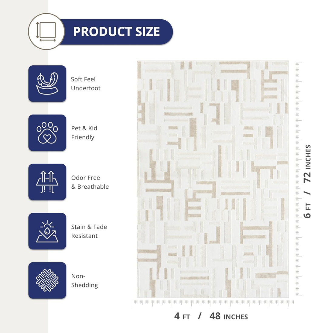 Abani Beige Area Rug - 4' x 6' - Living Room & Bedroom - Geometric Maze Design -