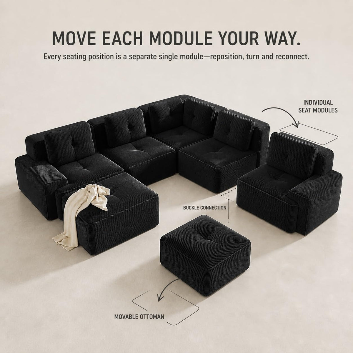 Camel Couch, Corduroy Couch, Boneless Modular Sectional Sofa Set, 5-Seat, Oversized