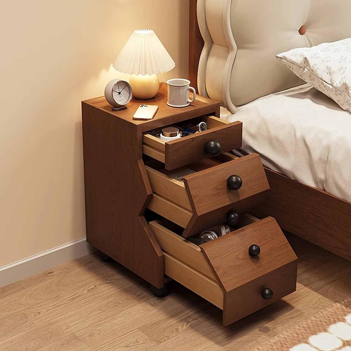 Compact Narrow Solid Wood Nightstand - 3 Drawers, Tool-Free Setup, Space-Saving Storage for Small Bedrooms