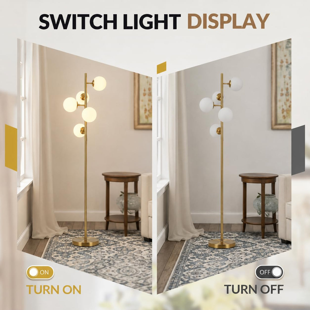 BOKT Gold 5-Light 67'' Tall Floor Lamp Smoked Glass Globes Standing Lamp