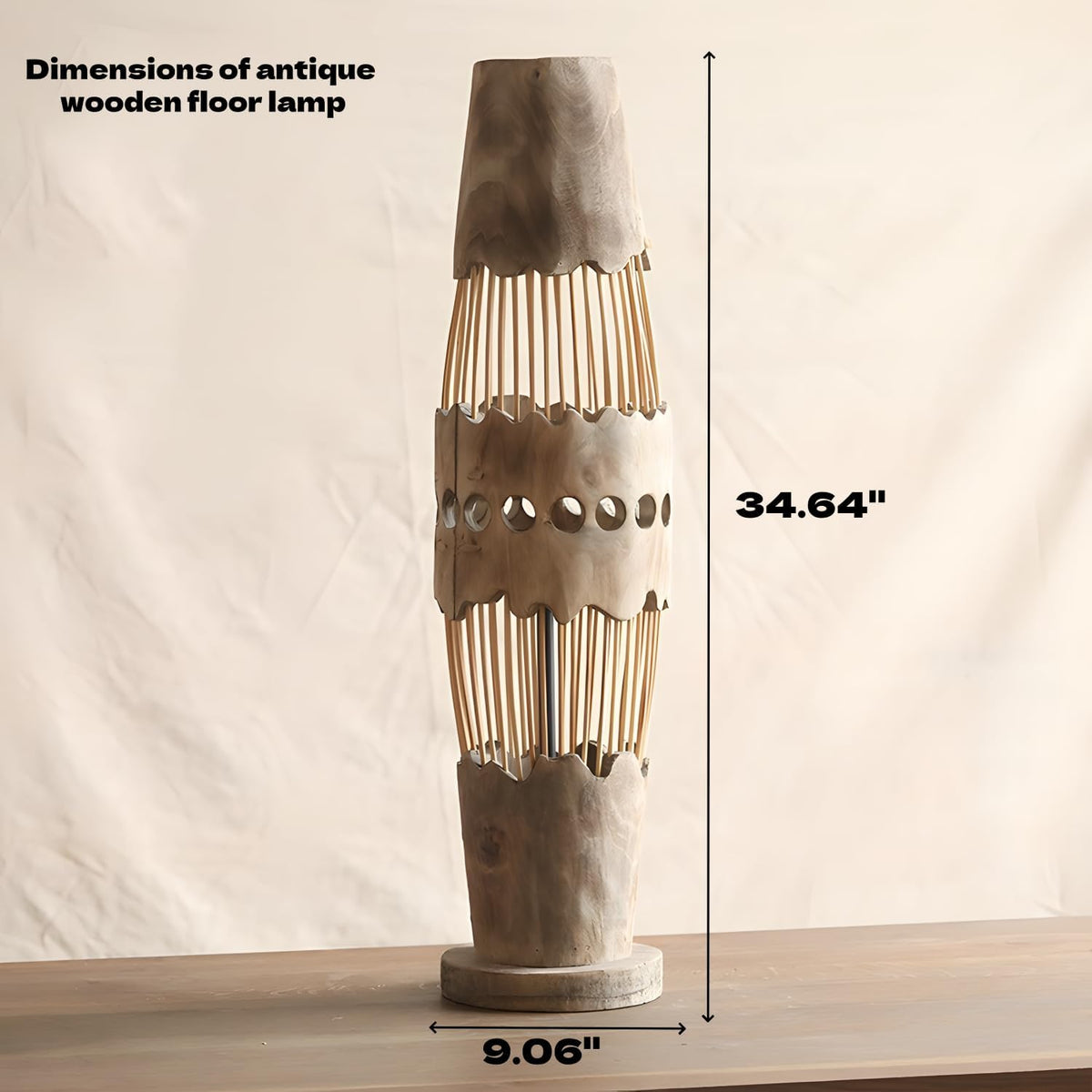 34.64" Mid Century Boho Farmhouse Wood Floor Lamp with Bamboo Shade