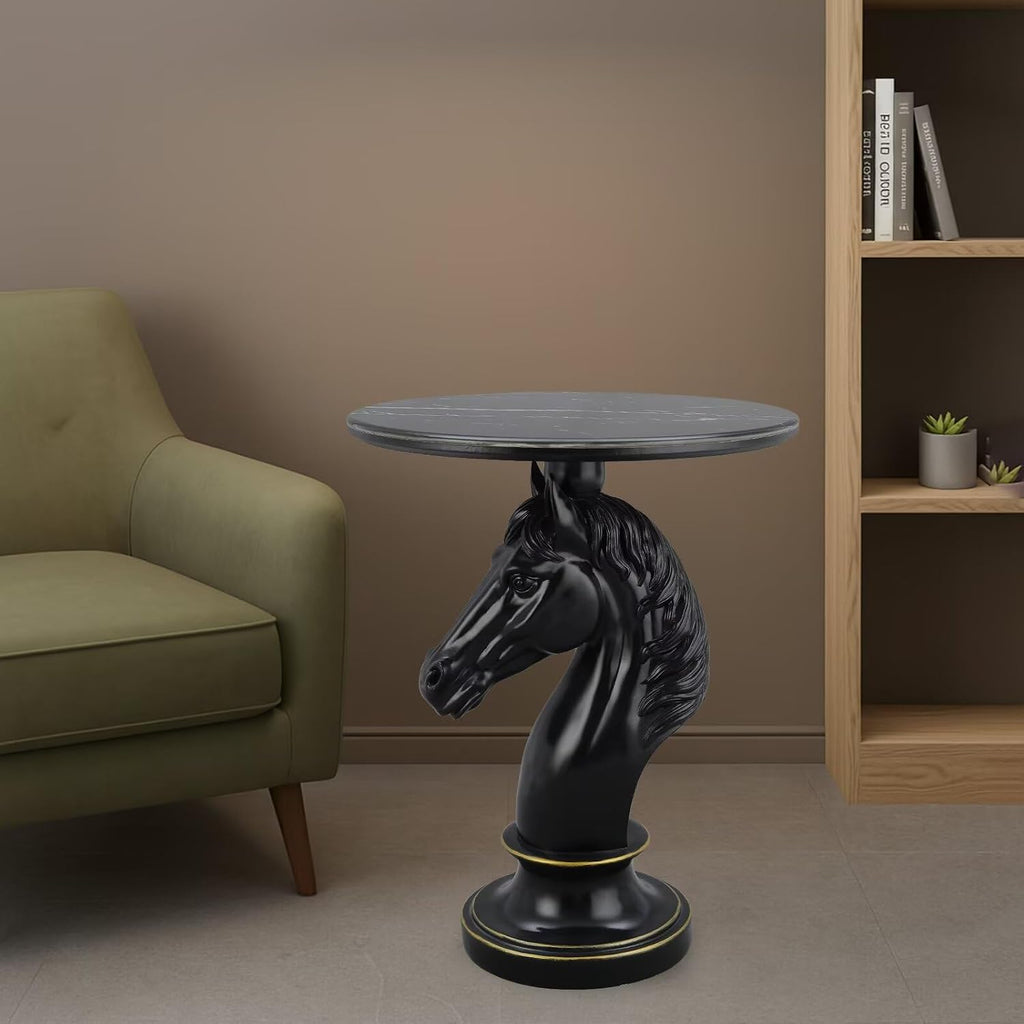 Modern End Table Living Room Black Horse Statue Base Faux Marble Night Stand 20"