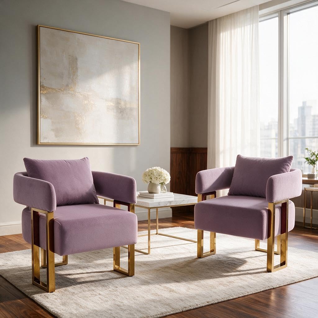 Upholstered Barrel Accent Chairs with Gold Legs – Set of 2