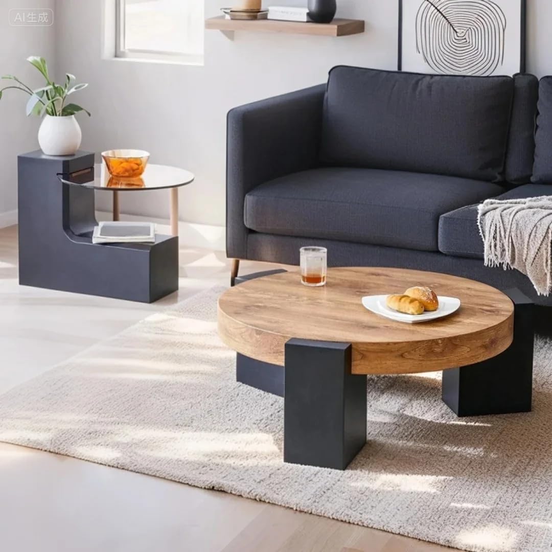 Modern Coffee Table with End Table Set, 30 Inch Combination Wooden Round Coffee Table Minimalist Center Table for Living Room, Bedroom, Office