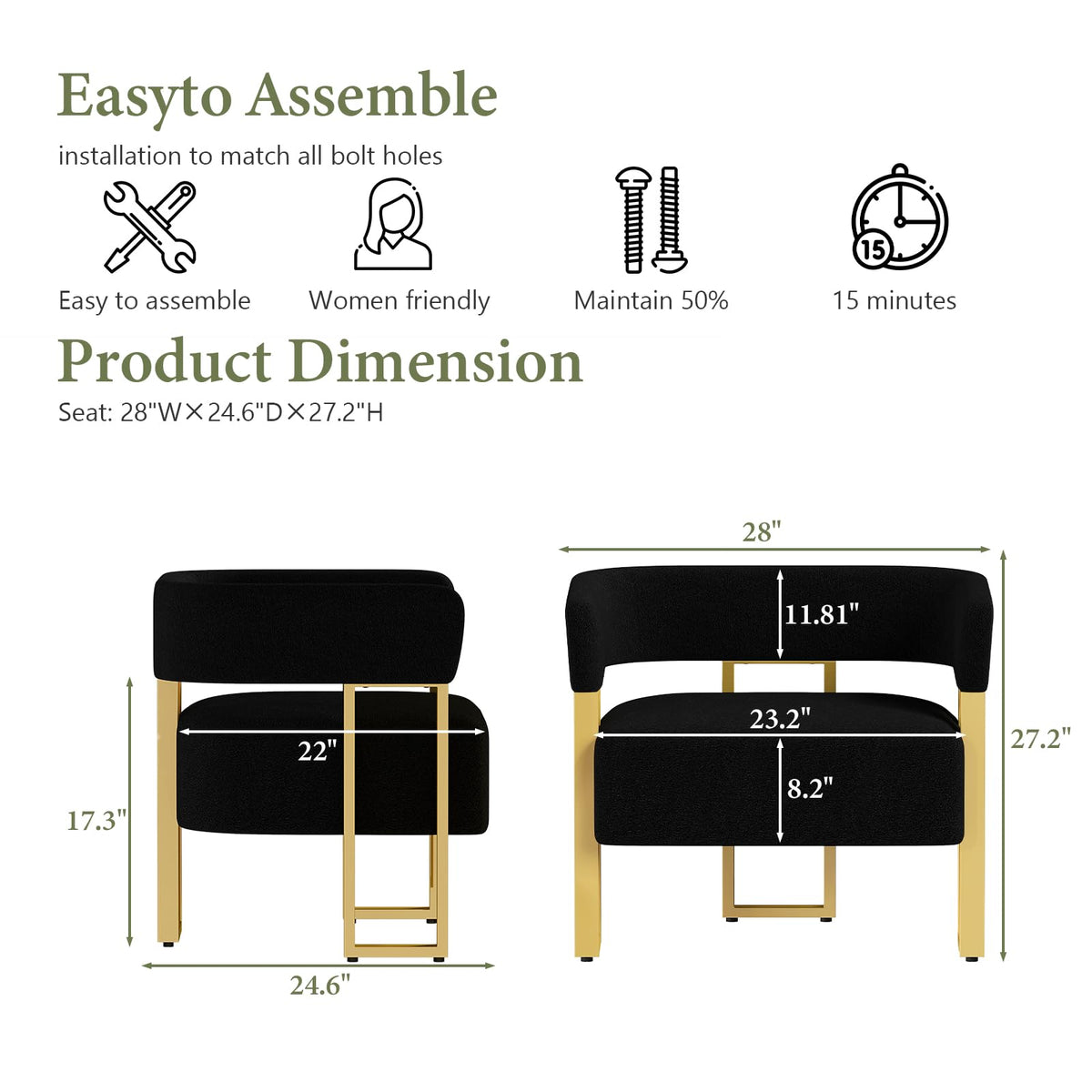 Modern Accent Chair Set of 2, Barrel Chairs, White Arm Chairs Living Room