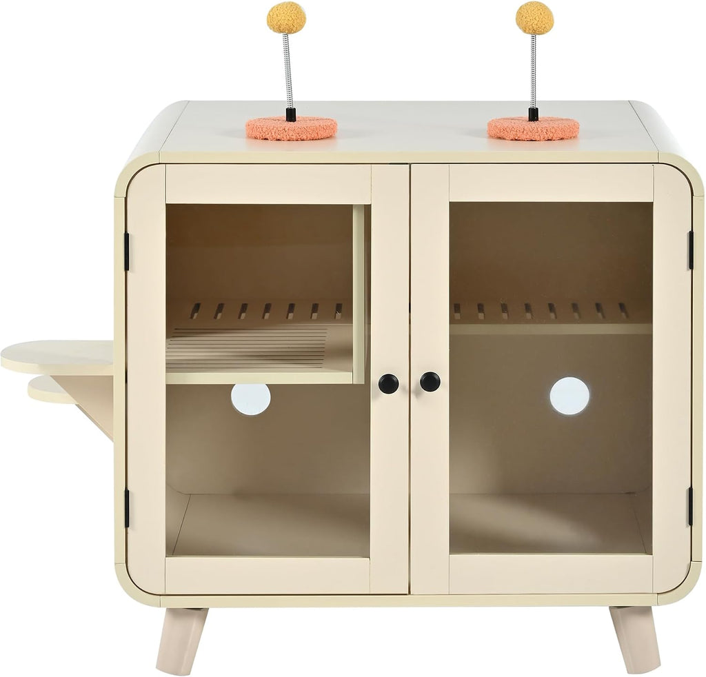 Cat Hidden Litter Box Enclosure with RGB LED Light, TV-Style Cat Litter Box Furniture Cabinet with Glass Doors, Side Stairs, Litter Leak Walkway & Pom-Pom Toys, Cat House Washroom, Beige