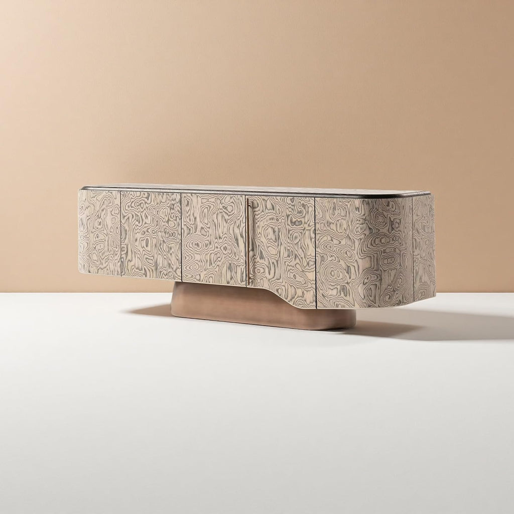 Modern Wood Grain Sideboard Cabinet, Luxury Credenza Storage Cabinet with Curved Door Fronts and Metal Pedestal Base, Entryway Console Cabinet for Living Room, Dining Room, Hallway