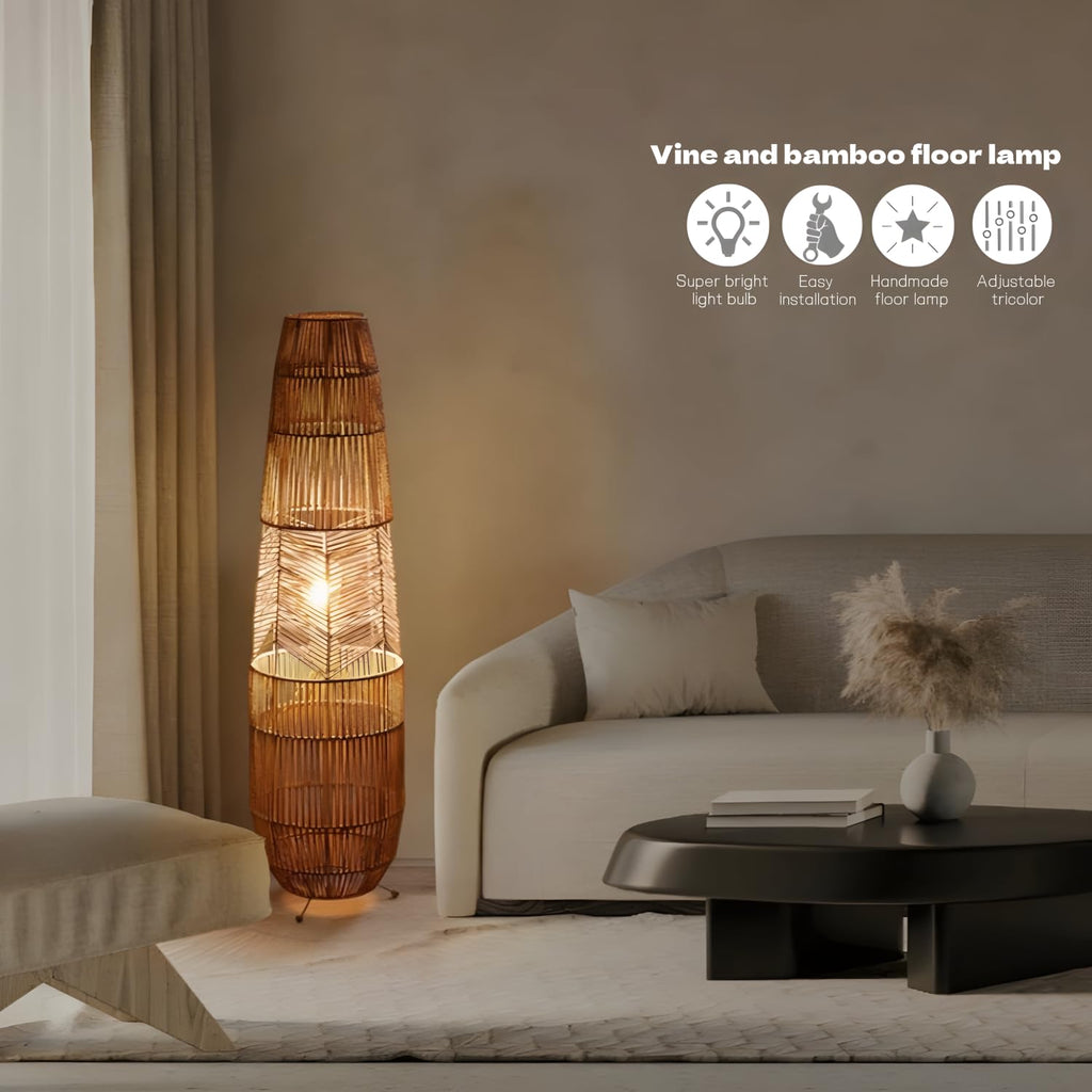 34.64" Mid Century Boho Farmhouse Wood Floor Lamp with Bamboo Shade