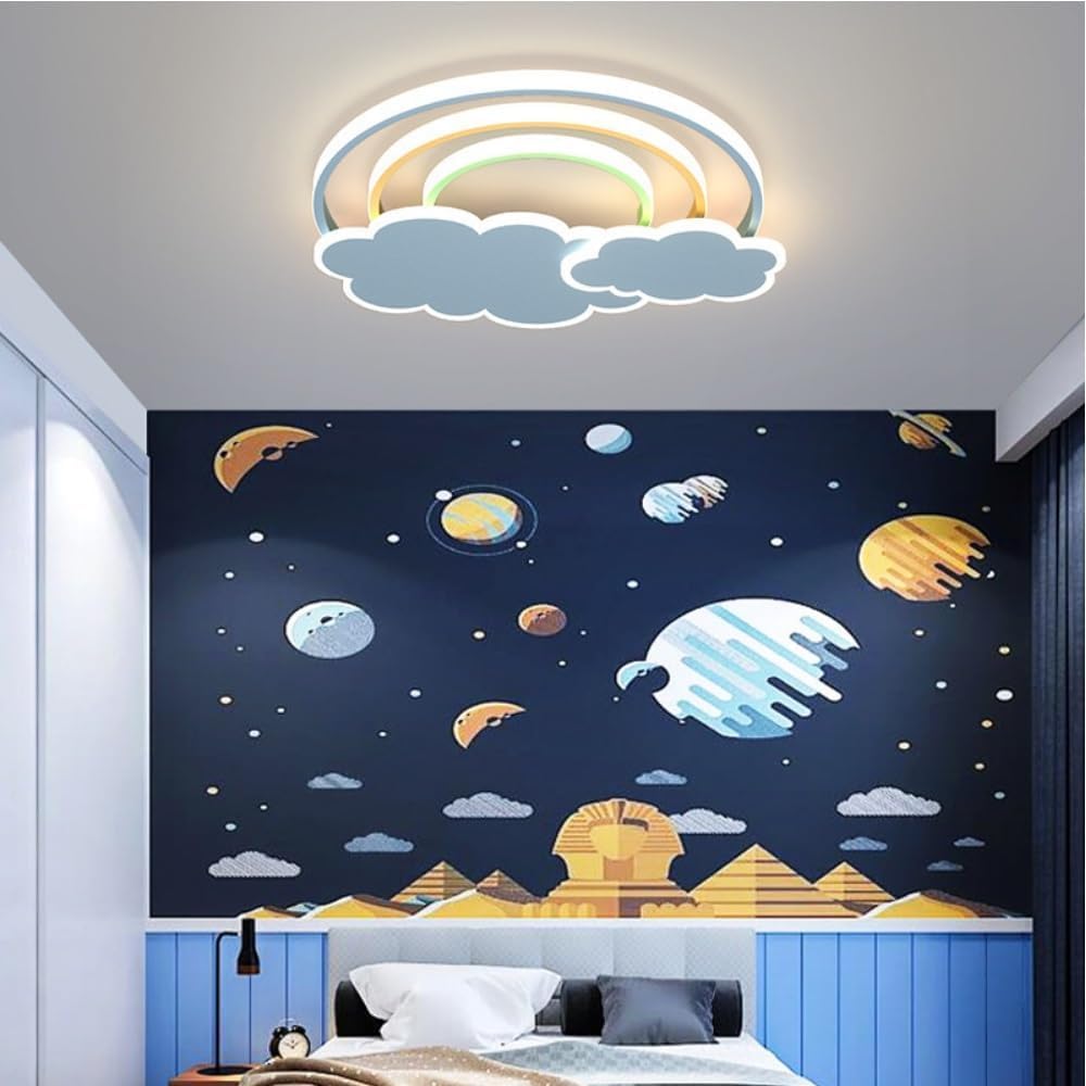 LED Pink Ceiling Light Modern Cartoon Children's Room Dimmable Ceiling Light with Remote Control Nordic Children's Room Blue Cloud Rainbow Night Light for Bedroom Baby Room Boys Girls Room