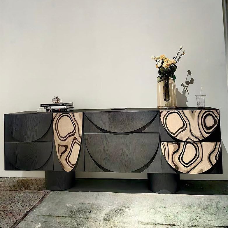 Multi-Door Black Sideboard Cabinet for Dining Room, Black Oak Wood, Geometric Marbled Detailing (Style B)