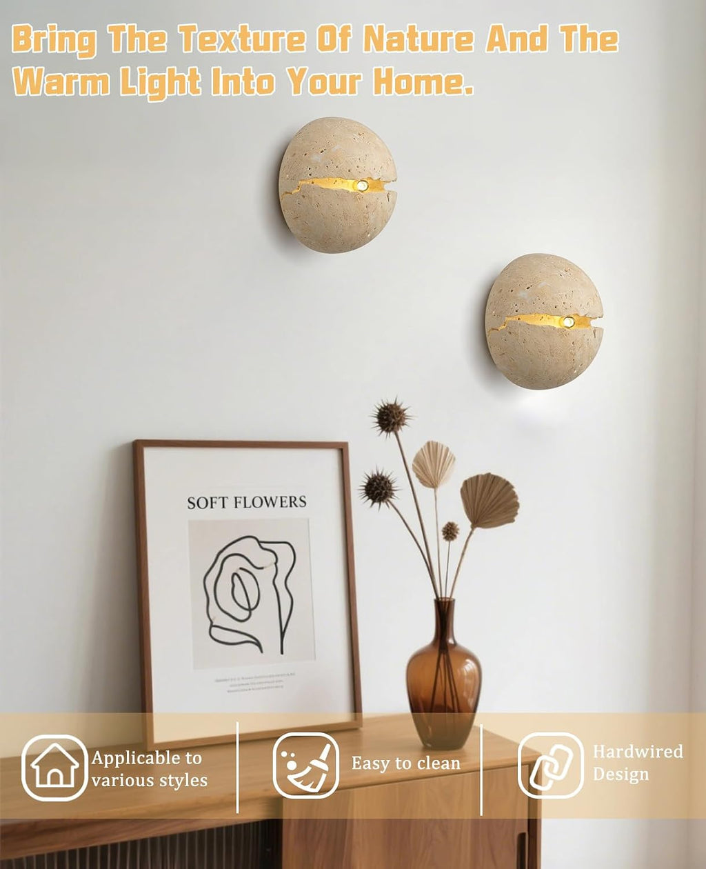 Natural Round Travertine Wall Sconce, 7.1" Wabi Sabi Light Fixture
