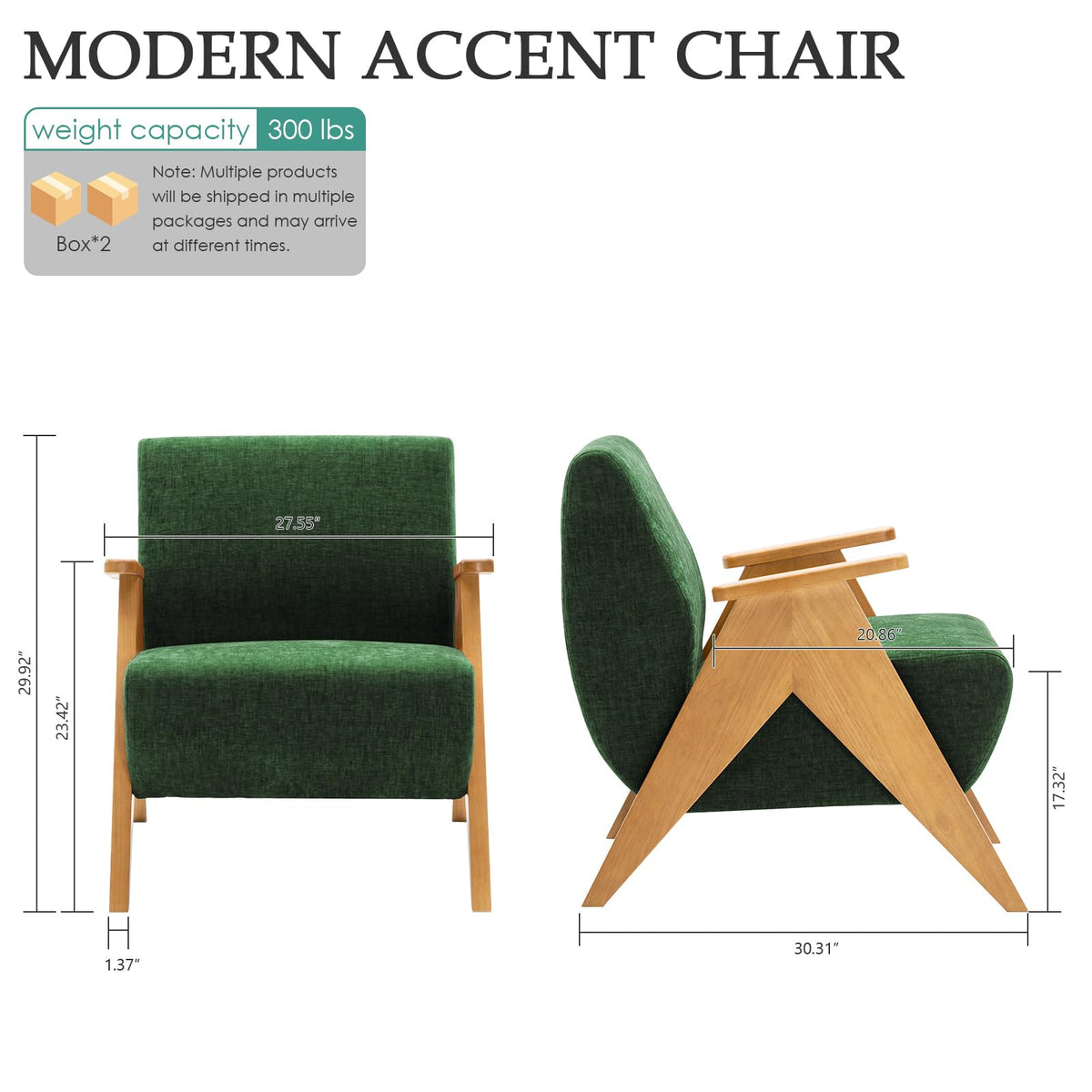 2 Pcs Home Accent Chair Mid Century Modern Accent Chair with Wood Frame
