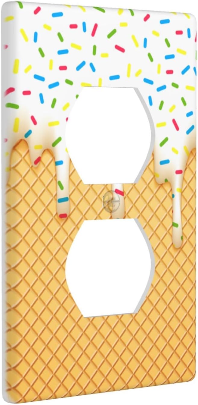 Cartoon Ice Cream Cone With Dripping White Glaze And Wafer Decor Print Light Switch Plate Cover Plastic Wall Plates (Single Gang Electrical Switch Duplex Outlet Cover)